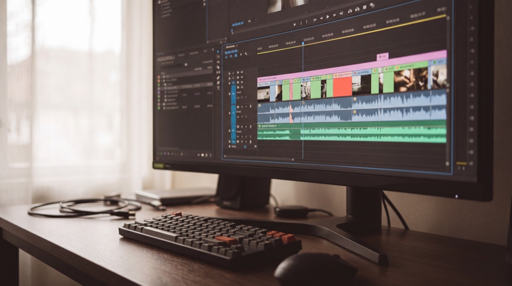 Střih videa v editoru na monitoru